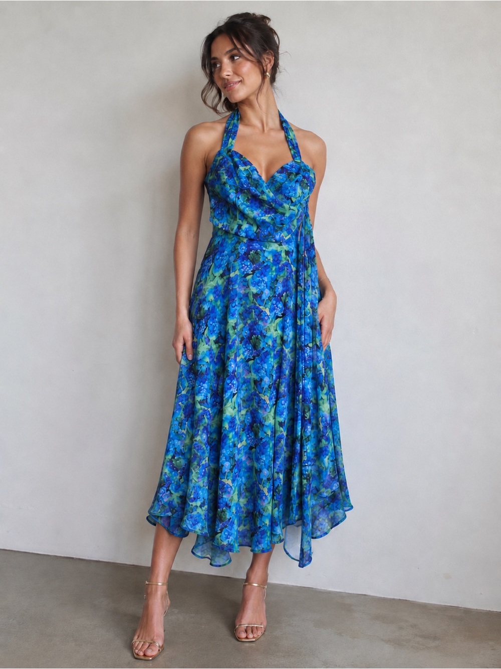 Floral Halter Midi Dress in Blue-Green